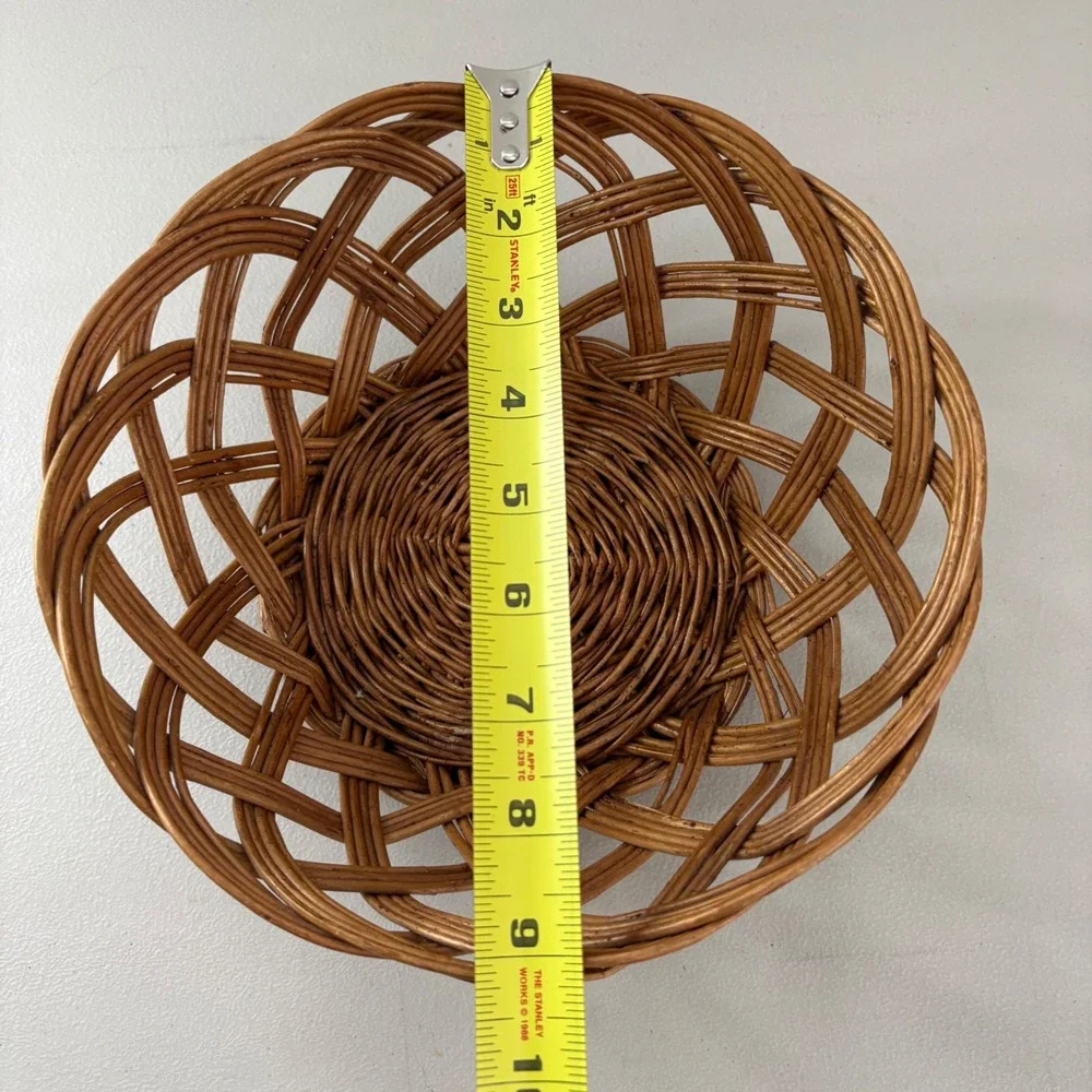 VTG Woven Wicker Lattice Basket Round Brown Open Weave Decorative Bowl 9 Inch